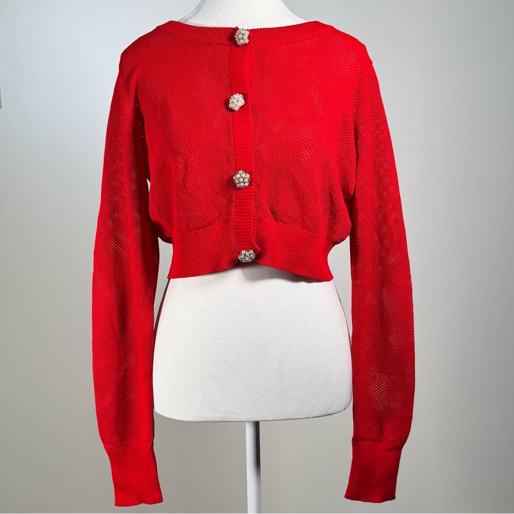 Fracomina Red Cropped Cardigan with Rhinestone Buttons – Size XL